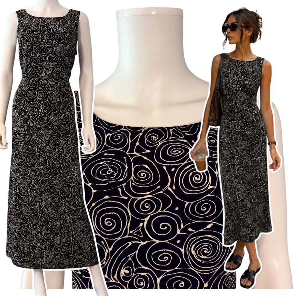 Vintage Spiral Print Sleeveless Midi Shift Dress Size 16 Artsy Black White Boho